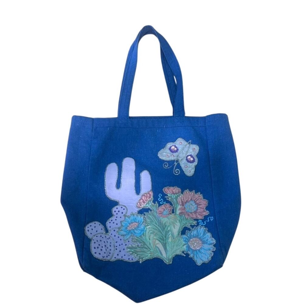 Tote Bag Cactus Floral Butterfly Applique Vintage Handmade Blue Green Retro Chic